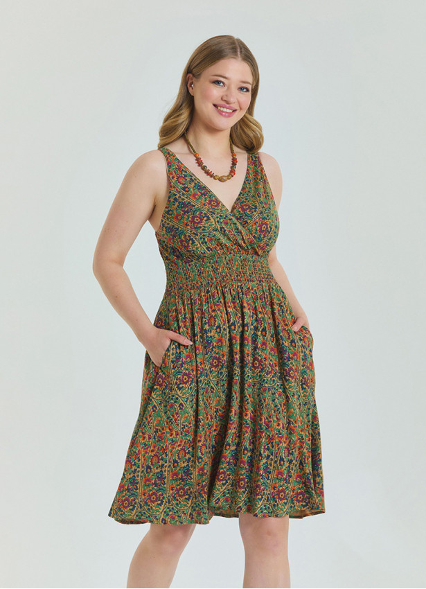 V Neck Robe Green Patterned Plus Size Dress 4586